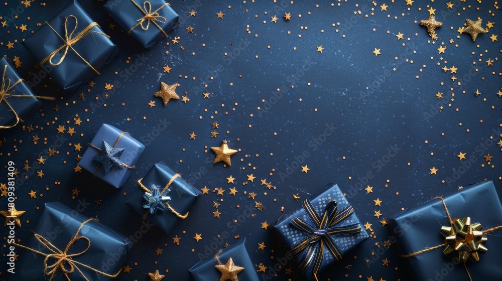 Dark blue background with gift boxes and golden stars. Top view, flat lay. Flat design for banner or poster. Dark blue background with gift boxes and golden stars. Top view, flat lay. Flat design for banner or poster.