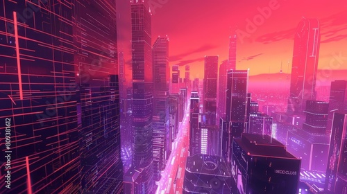 a futuristic cityscape featuring a towering skyscraper  a bustling street  and a bustling river