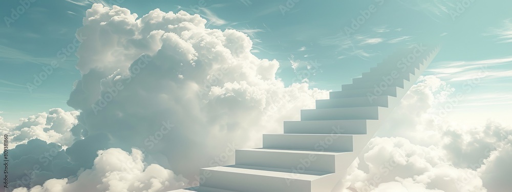 A set of plain white stairs leading up into a cloudy sky.