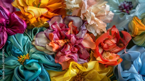 A bouquet of colorful flowers entirely made from flowing ribbons in various textures and colors Each flower type is distinct and recognizable