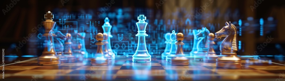 A chessboard with a holographic display projected on top of it The holographic display highlights the possible moves and their consequences A chessboard with a holographic display projected on top of it The holographic display highlights the possible moves and their consequences