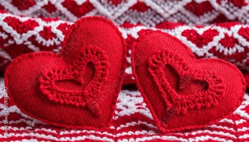 fluffy thick yarn knitted textile embroidered hearts in red