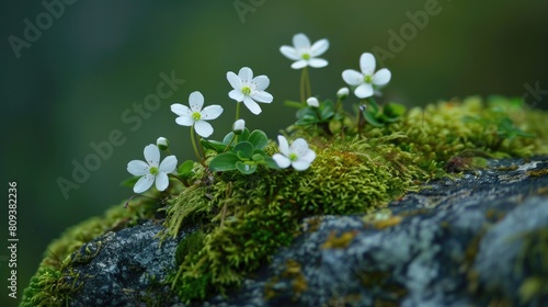 Small white blooms on the moss covered stone photo