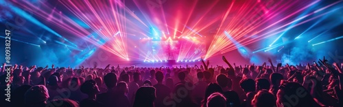 Colorful Outdoor Laser Show with Crowd Silhouette - Festival Disco Party Background Banner with Rays Streams and Party People © hisilly