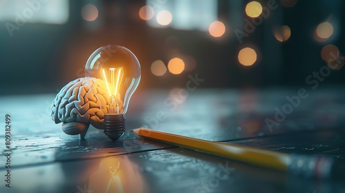 Superb Pencil with glowing light bulb and futuristic brain icon