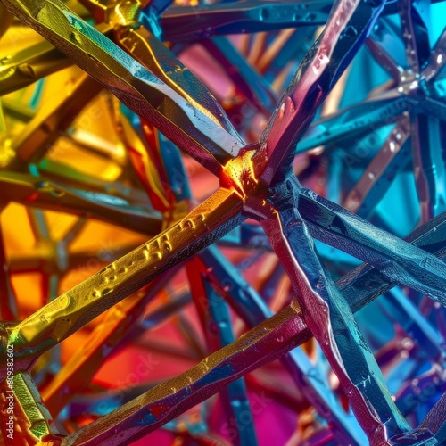 A closeup view of a crystalline lattice in steel The image is awash in vibrant colors