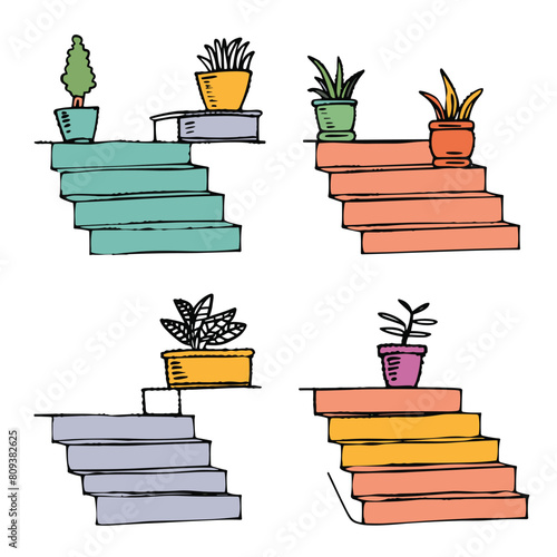 Stacked books potted plants sketch, colorful drawing reading material houseplants. Handdrawn illustration books shelves indoor foliage, home library decor concept. Creative doodle art book piles