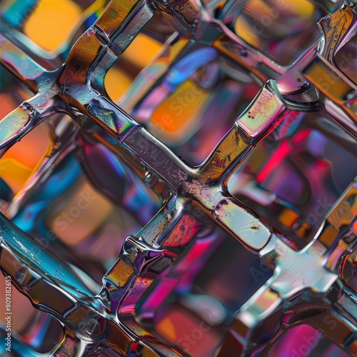 A closeup view of a crystalline lattice in steel The image is awash in vibrant colors