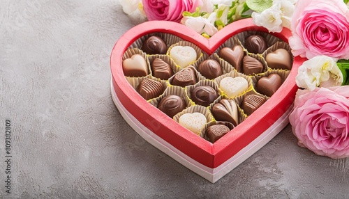 luxury valentine chocolates in heart shaped gift box and tender flowers