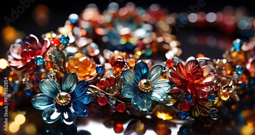 Abstract colorful glass jewelry flowers with bokeh background. Intricate detail bead floral design. 