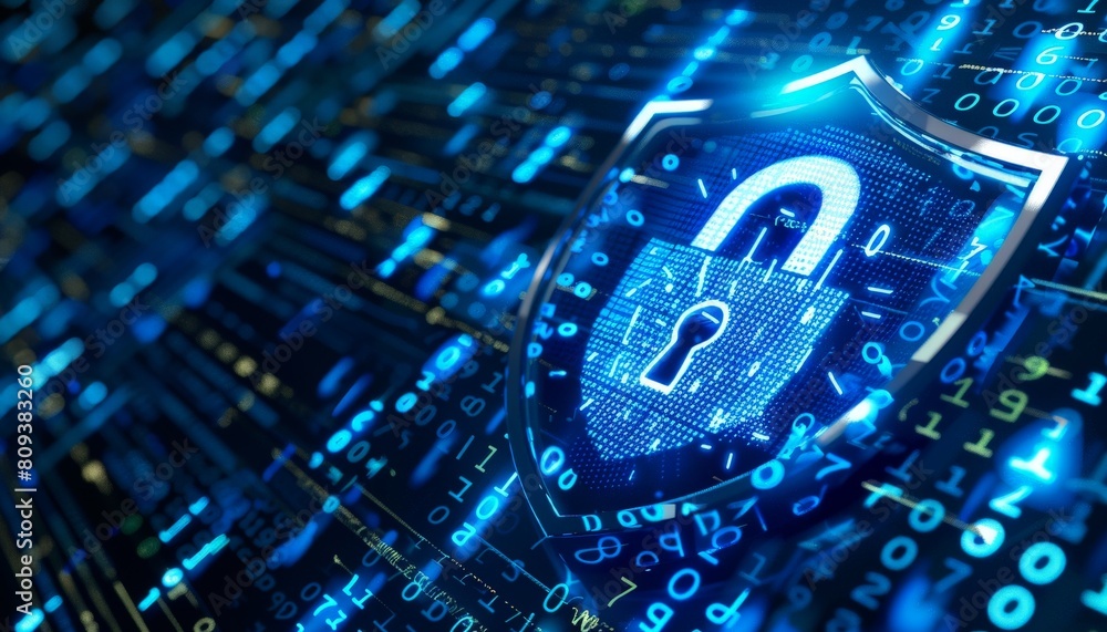 A digital shield in the shape of a padlock, its surface shimmering as it deflects binary code arrows, symbolizing the protection of sensitive data A digital shield in the shape of a padlock, its surface shimmering as it deflects binary code arrows, symbolizing the protection of sensitive data