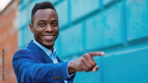 Smiling man in blue attire pointing ahead photo