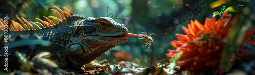 Closeup image of a lizard eating a spider.