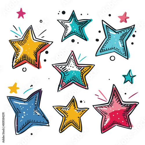 Handdrawn stars colorful doodles sketch style. Bright star illustrations variety sizes shapes scattered pattern. Artistic comic book stars vibrant hues pink, yellow, blue, doodle art