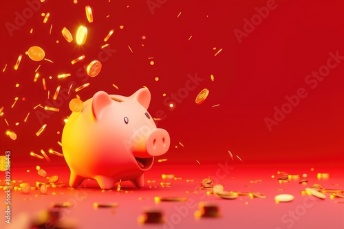 A happy piggy bank with flying coin on red tone background, Concept of saving money and smart investments