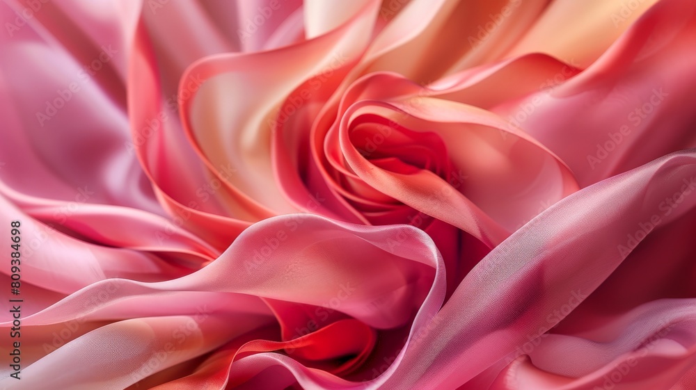 A photorealistic closeup of a rose crafted from flowing silk ribbons The image captures the intricate details of the fabric weave and the subtle variations in color within each pet A photorealistic closeup of a rose crafted from flowing silk ribbons The image captures the intricate details of the fabric weave and the subtle variations in color within each pet