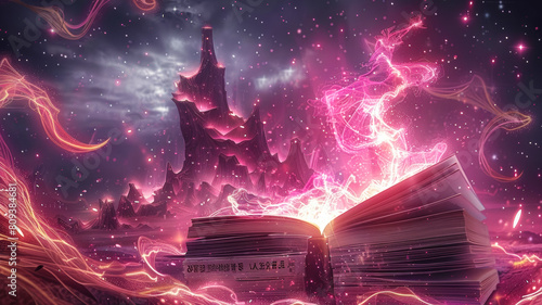 book with pink fire and stars, in the style of nightcore, love and romance, flowing forms, photo
