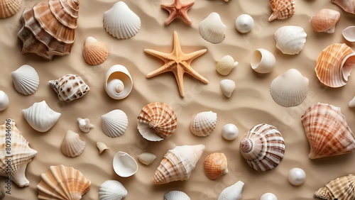 Flat lay of exotic starfish and sea shells on beach sand