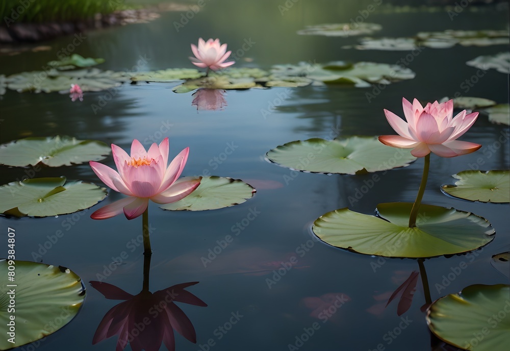 A tranquil pond surrounded by graceful lotus flowers, their delicate pink petals floating serenely on the water's surface, a symbol of purity and enlightenment, generative AI A tranquil pond surrounded by graceful lotus flowers, their delicate pink petals floating serenely on the water's surface, a symbol of purity and enlightenment, generative AI