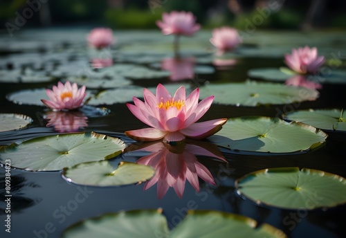 A tranquil pond surrounded by graceful lotus flowers  their delicate pink petals floating serenely on the water s surface  a symbol of purity and enlightenment  generative AI