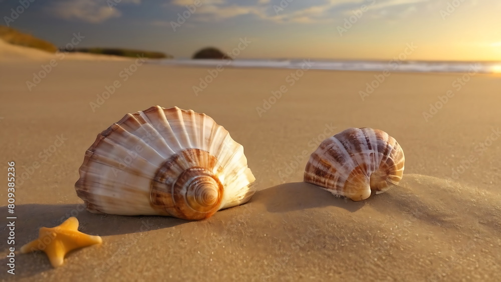 Seashells on seashore with the sun shining in the background Seashells on seashore with the sun shining in the background