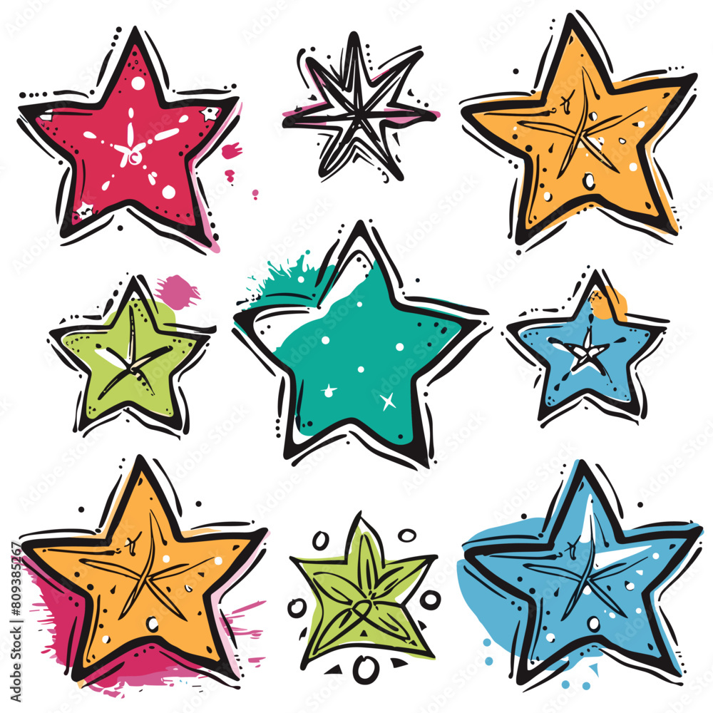 Collection colorful handdrawn stars splashes doodle elements, isolated white background. Nine unique star illustrations featuring variety patterns colors including pink, yellow, green, blue Collection colorful handdrawn stars splashes doodle elements, isolated white background. Nine unique star illustrations featuring variety patterns colors including pink, yellow, green, blue