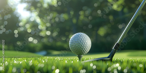  Golf ball close up on green grass on blurred beautiful landscape of golf course with sunrise, sunset time on background. Concept international sport that rely on precision skills for health relaxatio photo