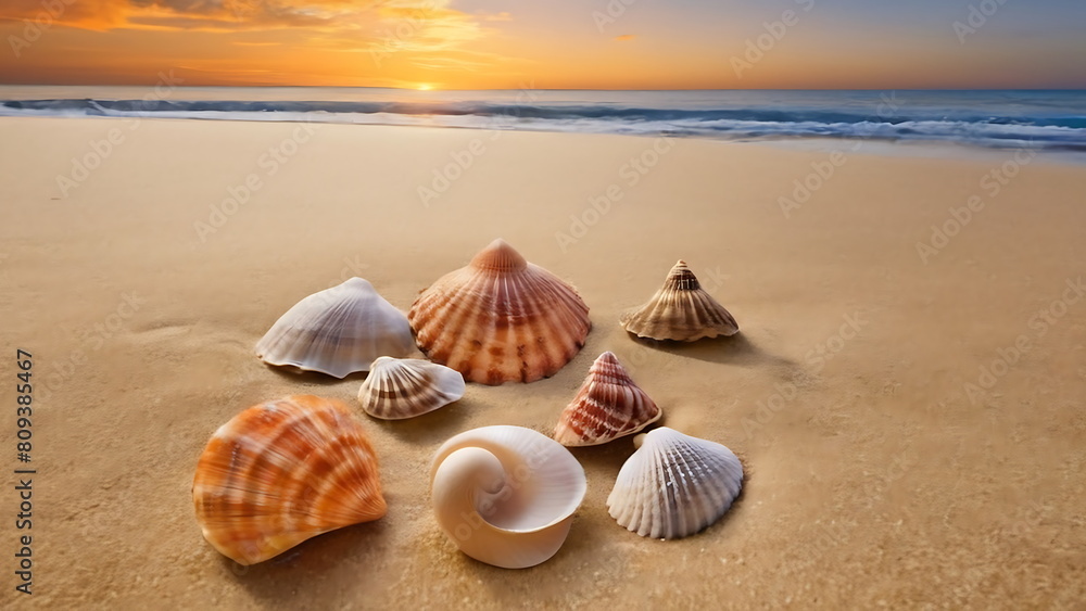 Seashells on seashore with the sun shining in the background Seashells on seashore with the sun shining in the background