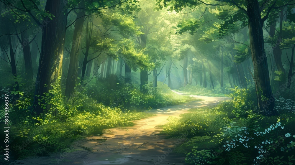 A tranquil forest background with tall trees, a winding path, and soft sunlight filtering through the leaves, perfect for nature-themed projects. 