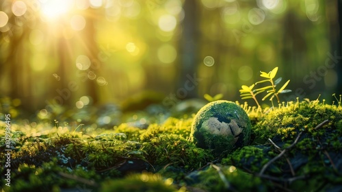 Green Globe in Mossy Forest  Earth Day Concept with Defocused Sunlight