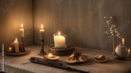 photo of candles in porcelain plates and chandelier