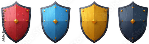 a row of colorful shields mounted on a red wall, transparent background png photo