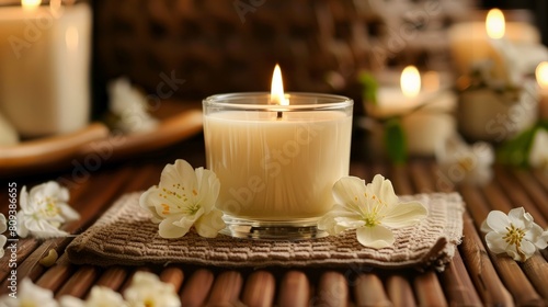 a candle adorned with white flowers sits on a wooden table  accompanied by a clear glass