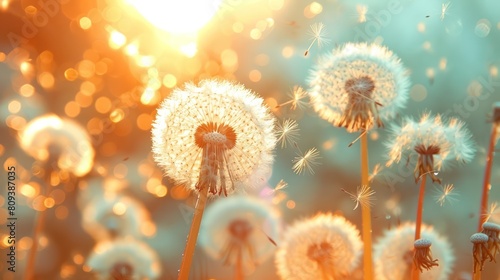 Dandelions with Flying Seeds in Defocused Field - Symbolic of Freedom and Allergy Concept photo