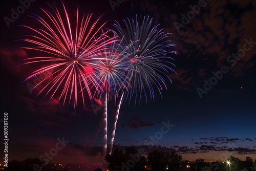 Fireworks over a city to celebrate Independence Day in the USA, illuminating the night sky with dazzling colors in a festive celebration of America © Simn