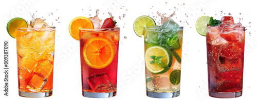 a row of different colored drinks with slices of lime and oranges, transparent background png