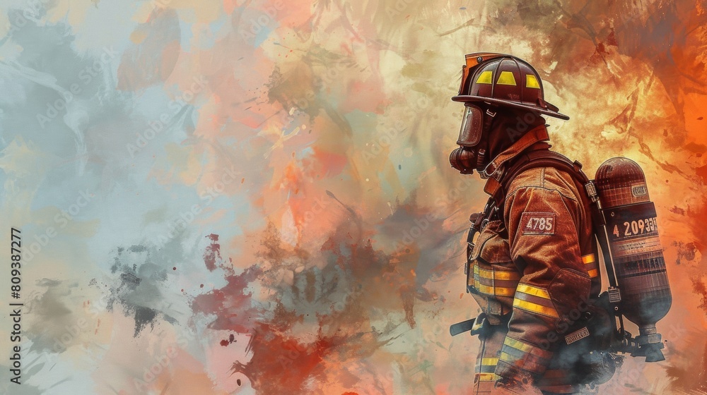 Elegant digital painting of a firefighter in the style of watercolor, with copy space on the right side for using soft pastel colors. 