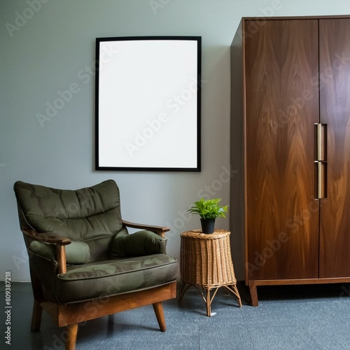 Mockup frame broder in living room with modern chair and wooden cupboard, no human photo