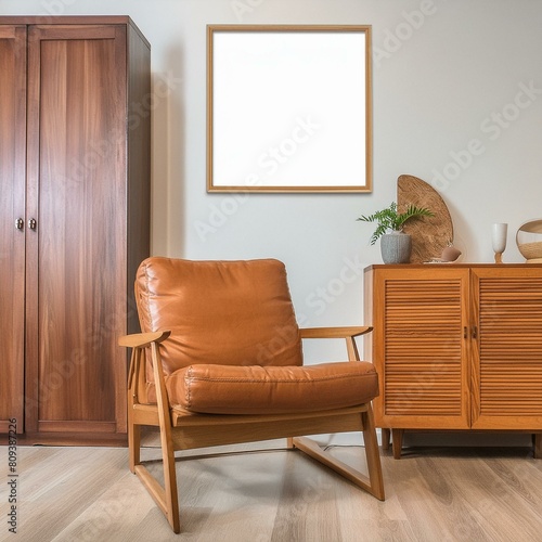 Mockup frame broder in living room with modern chair and wooden cupboard, no human photo