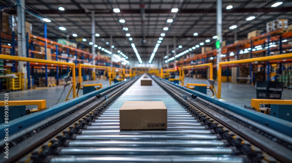 Automated Conveyor Belt in Distribution Warehouse with Cardboard Boxes for E-Commerce Delivery - Wide Banner with Copy Space