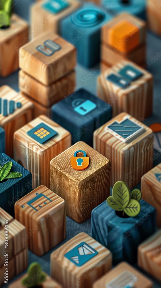 A set of wooden block icons representing data privacy elements such as VPN, SSL certificates, and secure servers, organic and trustworthy A set of wooden block icons representing data privacy elements such as VPN, SSL certificates, and secure servers, organic and trustworthy