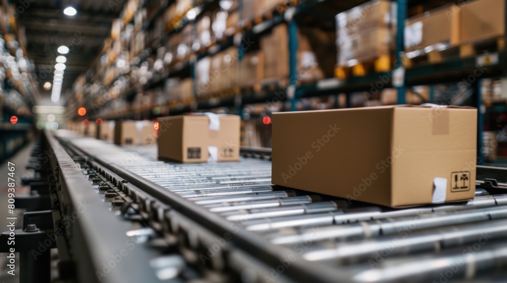 Automated Conveyor Belt in Distribution Warehouse with Cardboard Boxes for E-Commerce Delivery - Wide Banner with Copy Space Automated Conveyor Belt in Distribution Warehouse with Cardboard Boxes for E-Commerce Delivery - Wide Banner with Copy Space