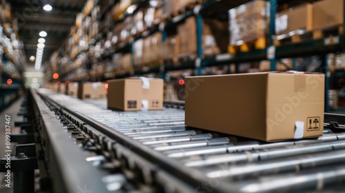 Automated Conveyor Belt in Distribution Warehouse with Cardboard Boxes for E-Commerce Delivery - Wide Banner with Copy Space © hisilly