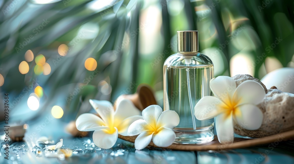 a table adorned with white and yellow flowers, a glass bottle of perfume, and a white egg a table adorned with white and yellow flowers, a glass bottle of perfume, and a white egg