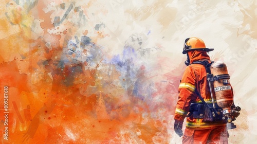 Elegant digital painting of a firefighter in the style of watercolor, with copy space on the right side for using soft pastel colors. 