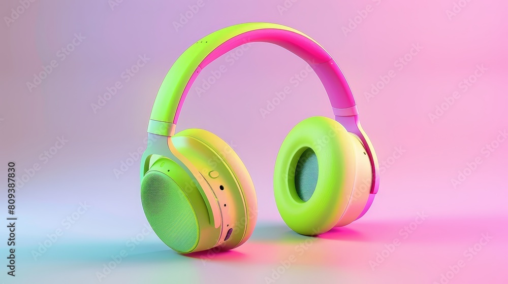 a pair of headphones, one green and one yellow, sit on a pink surface with a blue shadow in the background a pair of headphones, one green and one yellow, sit on a pink surface with a blue shadow in the background