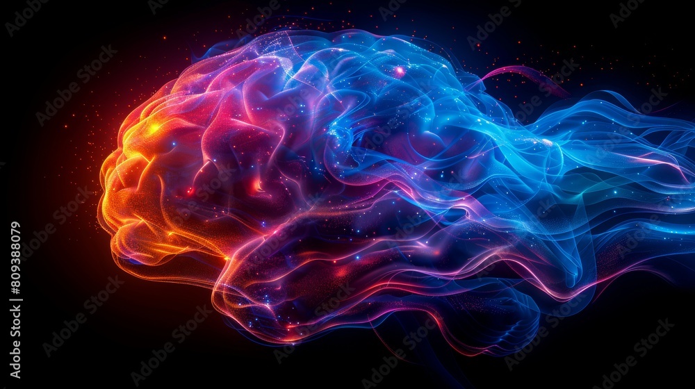 Digital illustration of a human brain glowing with neon lights and connections Digital illustration of a human brain glowing with neon lights and connections