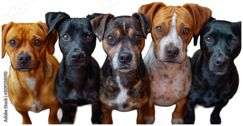 a group of dogs standing in a row looking at the camera  transparent background png