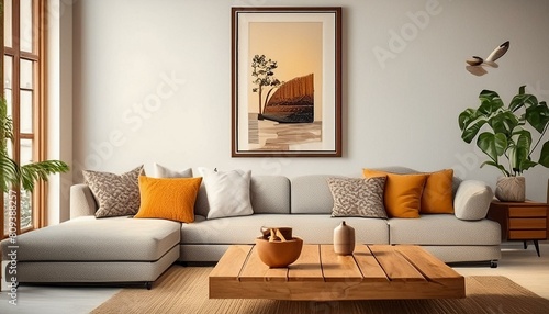 Mockup frame broder in living room with modern chair and wooden cupboard