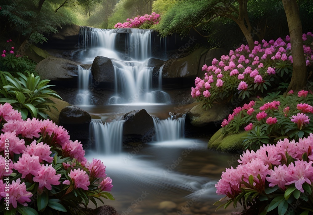 A cascading waterfall framed by lush rhododendron bushes in shades of pink and purple, nature's masterpiece in full display, generative AI A cascading waterfall framed by lush rhododendron bushes in shades of pink and purple, nature's masterpiece in full display, generative AI